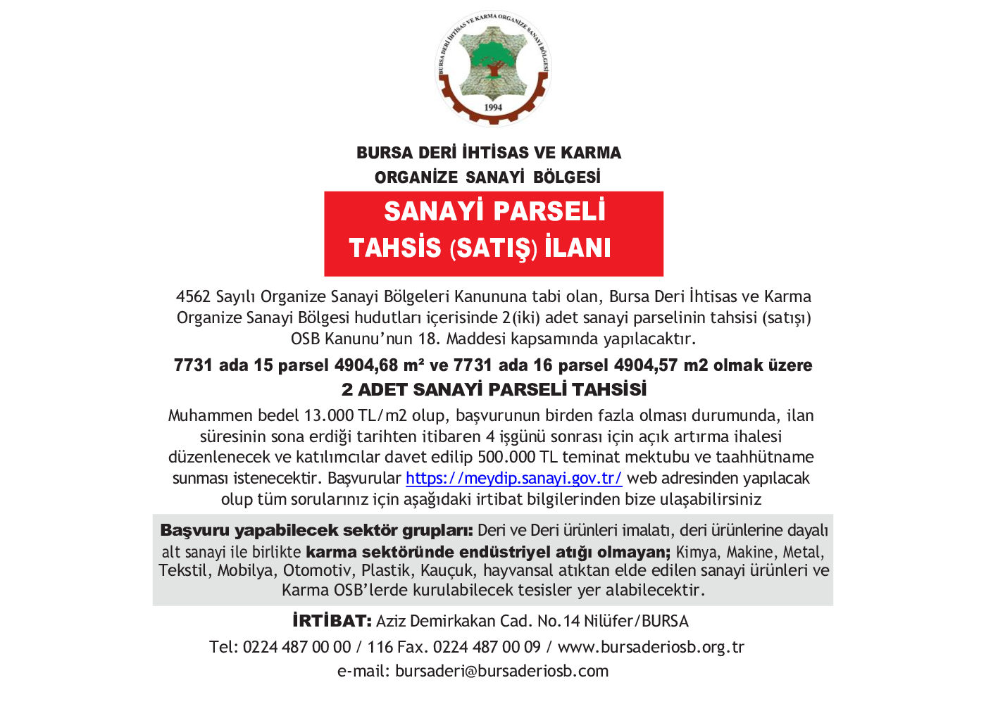 Sanayi Parseli Tahsis İlanı